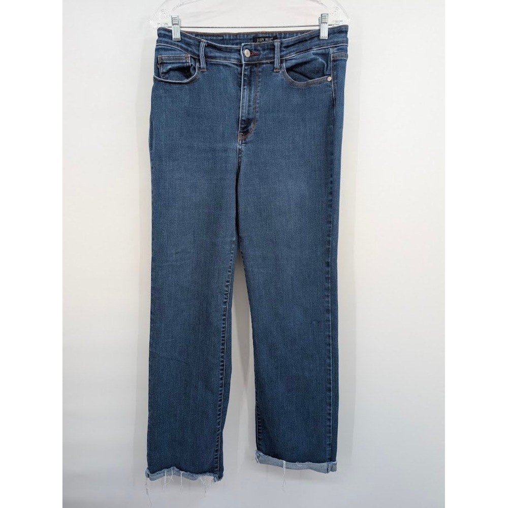 Judy Blue Vintage and Back Darts Straight Leg Jeans Dark Wash Raw Hem 13/31